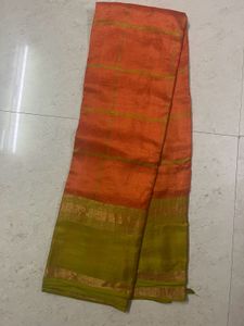 Semi Silk Orange Checked Saree