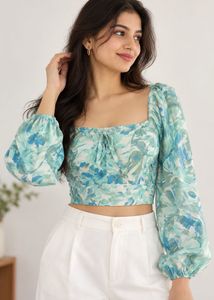 Floral Print Long Sleeve Crop Top