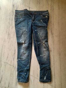 Distressed Blue Jeans with Paint Splatter