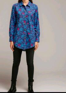 Blue Floral Print Long Sleeve Tunic Top