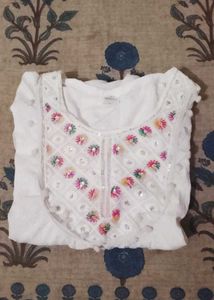 Embroidered White Cotton Kurta Frock