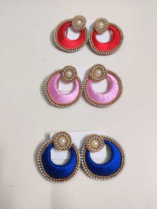 3 pairs of Handmade Silk Thread Hoop Earrings Set