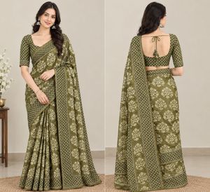 Elegant Olive Green Saree with Blouse