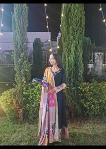 Festive Black Long Flared Kurti Set with Embroider