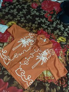 Orange Tropical Print Button-Up Shirt
