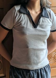 Grey Ribbed Collared Top