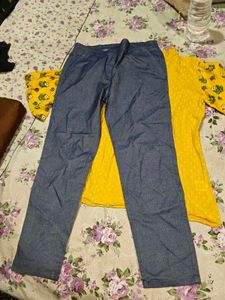 Yellow Printed Kurta with Blue Pants