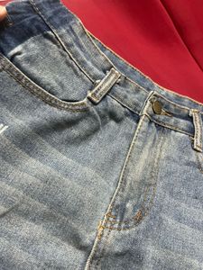Distressed Denim Skirt with Side Stripes