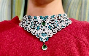 Luxury American Diamond Green &amp; Blue Stone Bridal