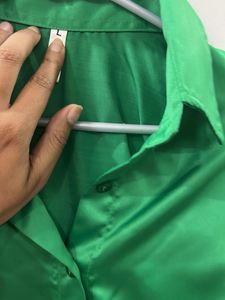 Vibrant Green Satin Button-Up Shirt