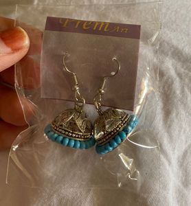 Oxidised Silver Jhumki Earrings with Blue Bead