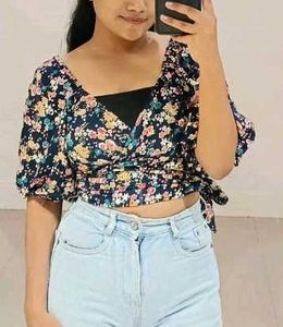 Navy Floral Print Wrap-top