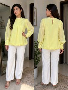 Yellow Peplum Top with Balloon Sleeves