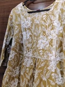 Mustard Floral Short Kurti with lace detail