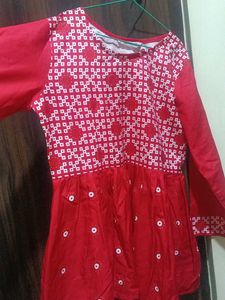 Vibrant Red Kurta with White Block Print