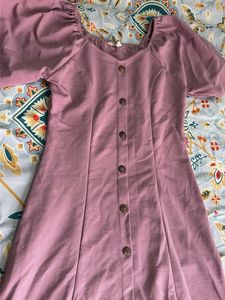 Chic Pink Button-Up Puff Sleeve Dress