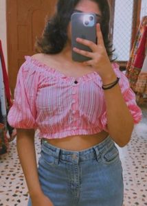 Pink Striped Off-Shoulder Crop Top