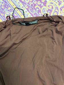Brown Ruched One-Sleeve Dress