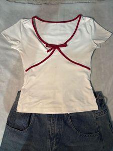 White Top with Red Trim &amp; Bow Detail