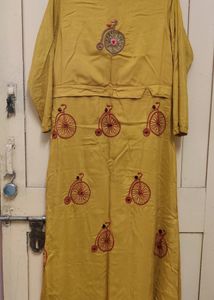 Mustard Yellow Vintage Bicycle Embroidered Dress