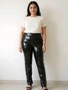 Shiny Black Split Hem Pants Size L