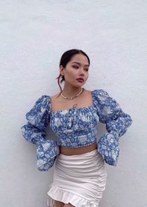 Blue Floral Print Crop Top