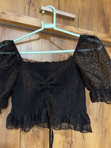 Black Smocked Lace Crop Top in