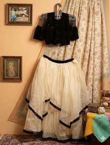 Stunning Black Sequin Blouse & Cream Skirt Set