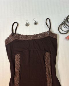 Brown Lace Trim Cami Top