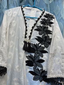 White Kurta with Black Floral Embroidery