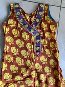 Brown &amp; Yellow Embroidered Kurta