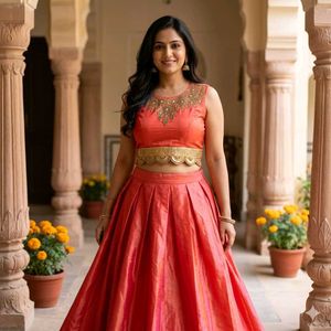 only today offer Coral Lehenga Choli with Gold Emb