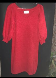 Maroon Puff Sleeve Sweater Dress