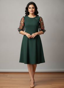 Elegant Dark Green Dress with Floral Sleeves