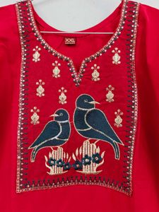Red Kurta with Bird Embroidery