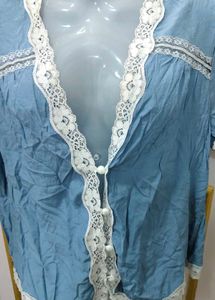 Blue Lace Trim Short Sleeve Top