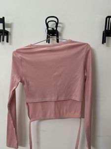 Pink V-Neck Long Sleeve Crop Top