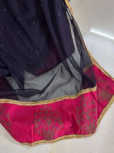 Elegant Navy Blue Net Dupatta with Pink Border