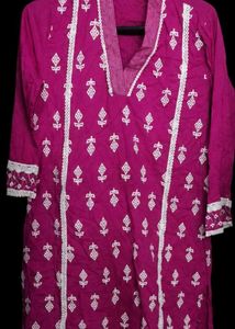 Pink Cotton Kurta with Lace