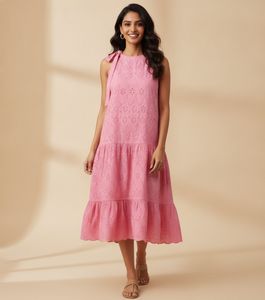Pink Broderie Anglaise Midi Dress