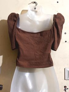 Brown Ribbed Puff Sleeve Top
