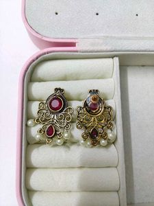 Vintage-Inspired Red Stone Pearl Drop Earrings