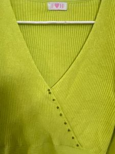 Y2K Lime Green Ribbed V-Neck Top