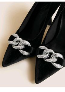 M&amp;S Black Velvet Heels with Rhinestone Buckle
