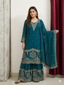 Teal Embroidered Kurta Set with Sharara
