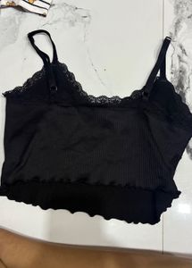 Black Lace Trim Ribbed Crop Top