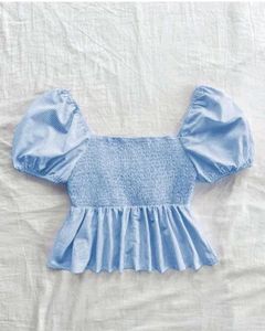 Blue Striped Puff Sleeve Peplum Top