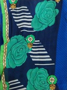 Blue Saree with Green Floral Print