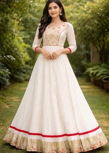 Elegant White Anarkali Dress with Red Accents