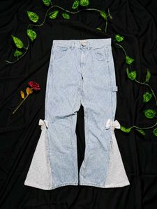 Women’s Blue White Striped Wide Leg Lace Jeans